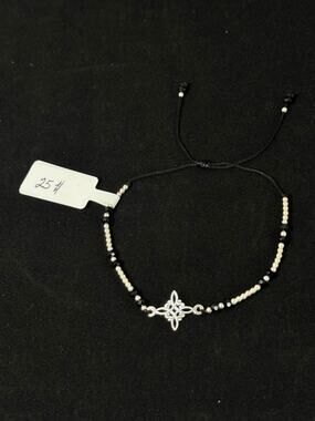 Celtic Knot Adjustable Cord Bracelet Silver Tone Beads Black Crystals Gothic